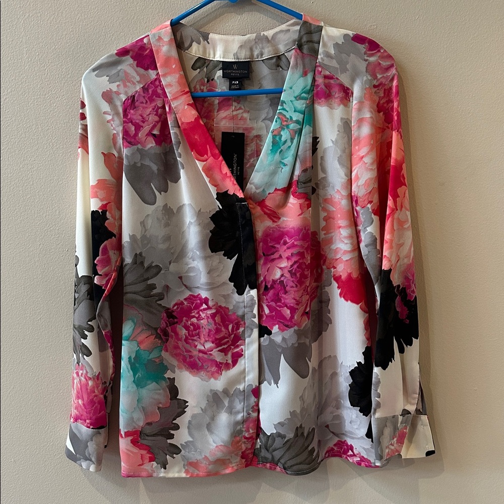 Worthington Multicolor Floral V-Neck Blouse